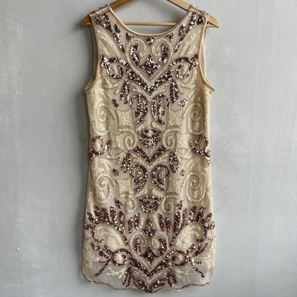 Endless Rose Women’s L Champagne Sequin Sheath Dress Art Deco Large Great Gatsby